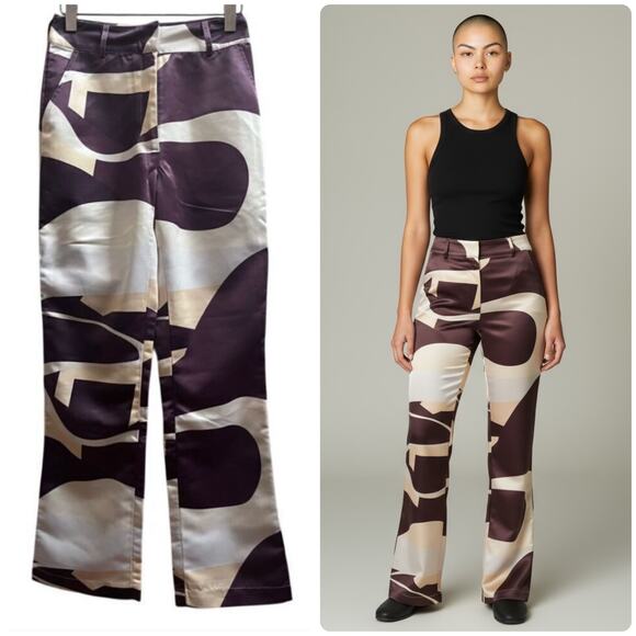 House of Sunny Highway Bold Print High Rise Satin Slight Flare Pant Size 4 - Picture 1 of 11